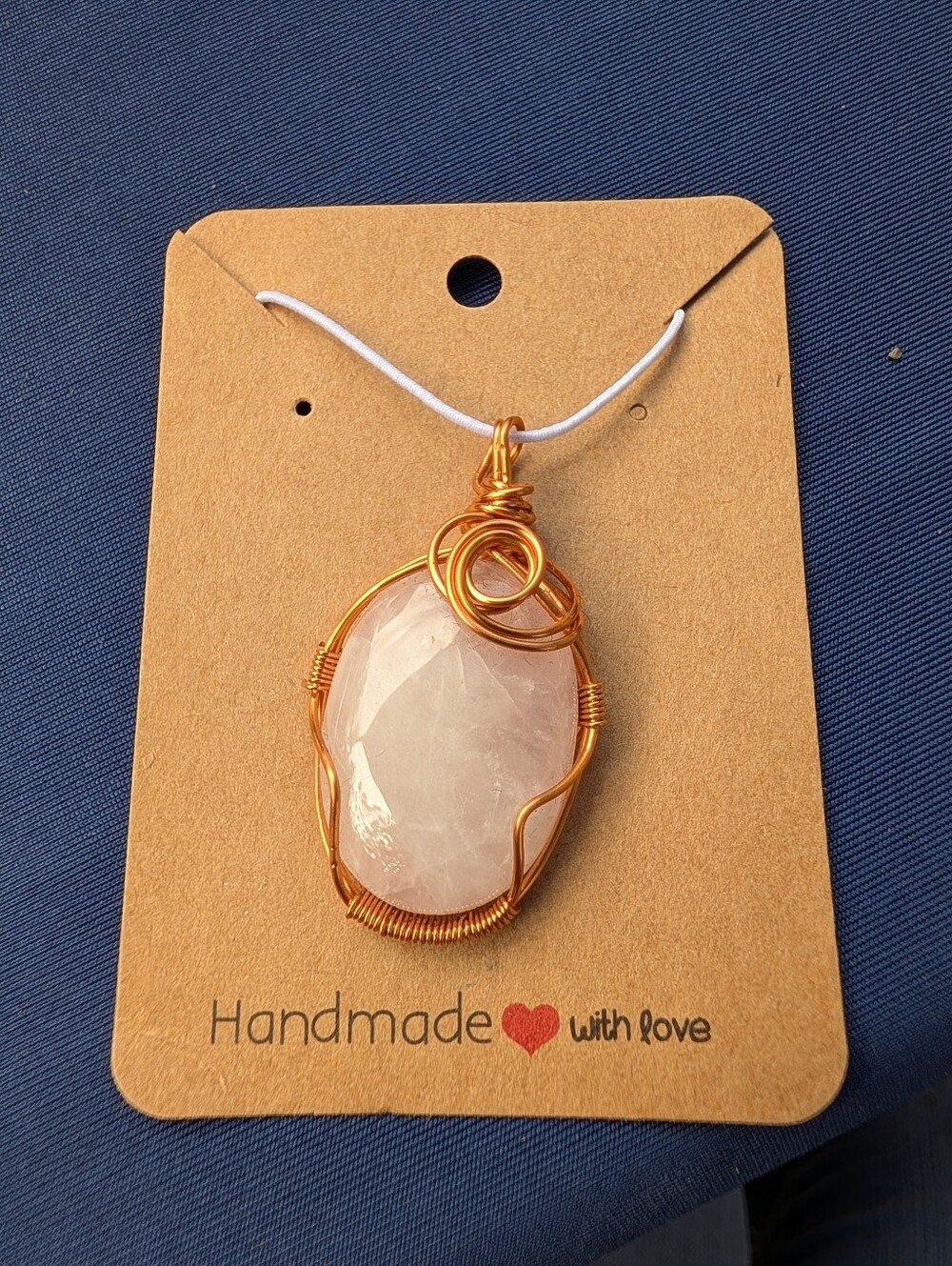 Handmade Rose Quartz Pendant Necklace in Rose Gold Color Wire